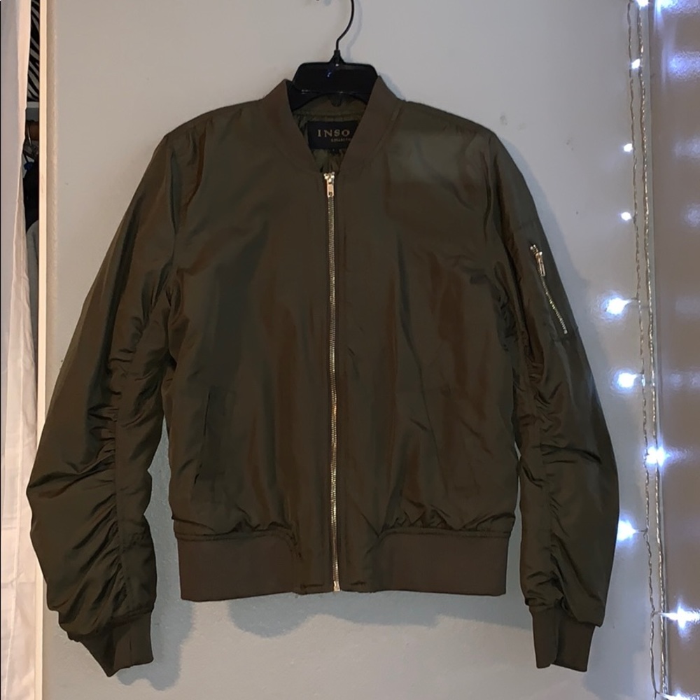 Bomber jacket, olive green, perfect condition.
